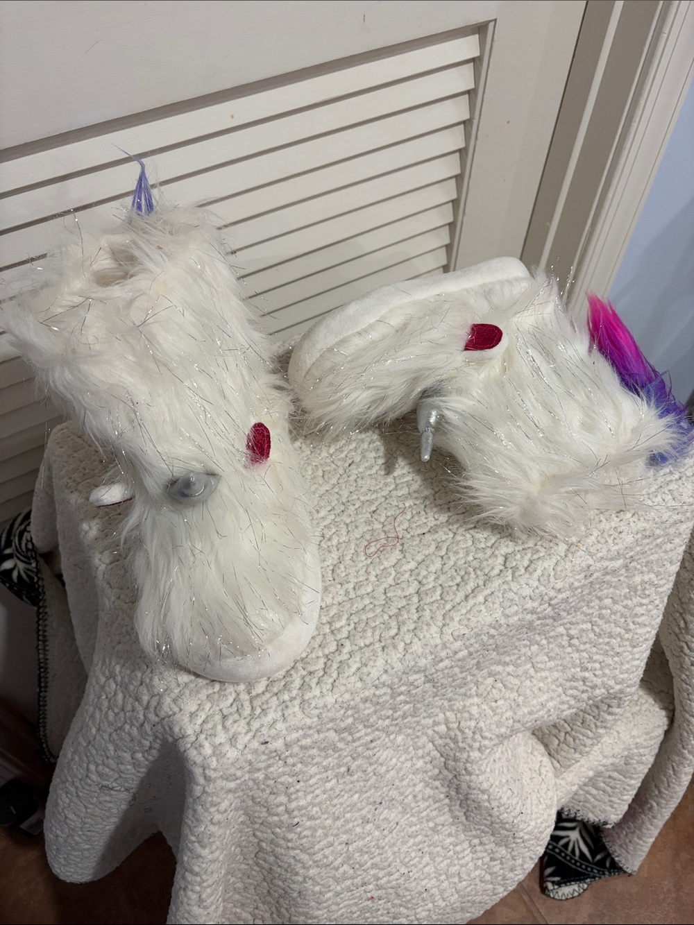 Justice White Unicorn Fuzzy Kids Slippers with Pink and Purple Accents